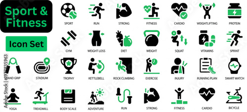 Vector of Sport and Fitness icon set. Sport and Fitness solid icon set. Fitness and workout icon set showcasing various exercise activities