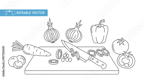 Outline vector graphic illustration of various vegetables being prepared on a cutting board with a knife design.