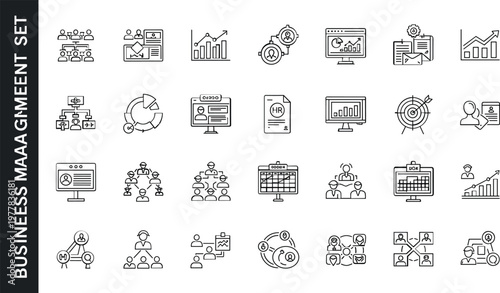 Business management analytics HR dashboard teamwork strategy corporate reporting hierarchy outline editable stroke vector icon set for planning interface