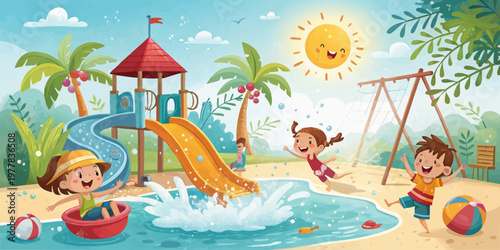 A colorful illustration of children playing at a beachside playground with a water slide