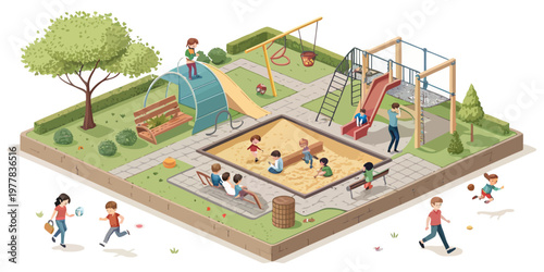A colorful vector illustration of children playing in a vibrant playground with swings and slides