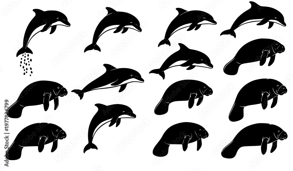 Obraz premium Dolphin manatee silhouette collection vector ocean wildlife design set