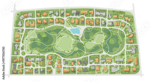 Aerial View Vector Illustration of a Sustainable Suburban Neighborhood Map with Central Park, Residential Housing, and Green Infrastructure