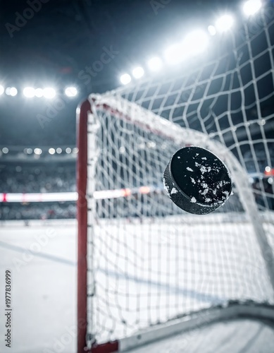 Ice Hockey Puck Hitting Net During Intense Game Under Bright Stadium Lights.