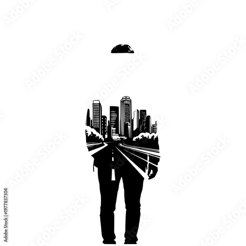 Man Silhouette Double Exposure with City Skyline and Road in Black and White