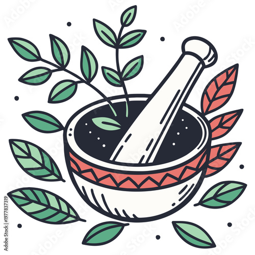 Ayurvedic Pestle with Herbal Leaves Icon, Natural Medicine Color Vector Illustration Isolated on Transparent Background