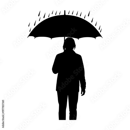 Silhouette of a person standing under an umbrella in the rain