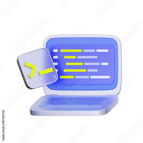 Obraz na płótnie 3D illustration of laptop with command line terminal for software programming, coding interface, developer operations, system execution, and script writing.