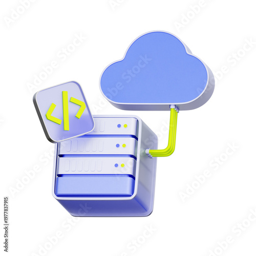 Fotografie 3D illustration of server rack with cloud connection and code tag for cloud development, software engineering, backend programming, application deployment, and system integration
