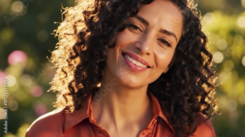 A portrait of a smiling woman with curly hair standing outdoors during the golden hour with soft natural sunlight