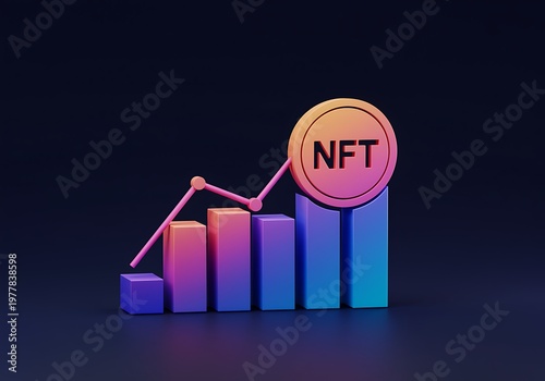 NFT token on a growing bar chart with line graph on dark background