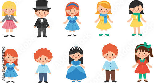 Adorable Cartoon Children Set with Different Hairstyles, Dresses, and Outfits for Kids' Fashion, Party, and Character Designs