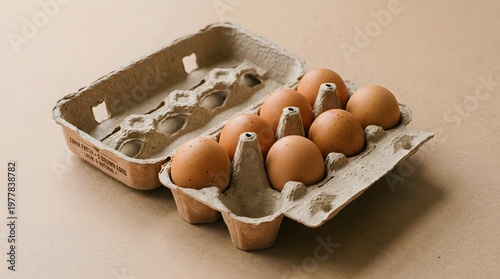 A carton of brown eggs on a plain surface with one empty carton