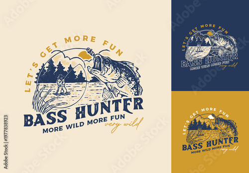 Vintage retro fishing club logo with a jumping bass and fisherman on a lake. Vintage Catch and Release artwork for a t-shirt