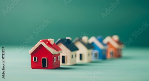 Miniature colorful houses lined up against a teal background, illustrating concepts
