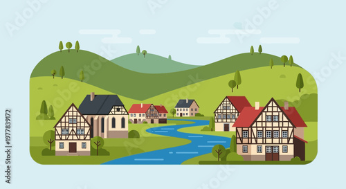 Charming European Village Landscape with River and Green Hills