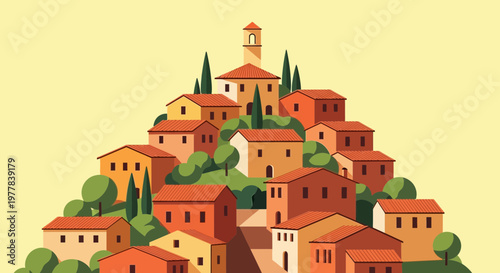 Charming Italian Village Hillside with Traditional Houses and Cypress Trees