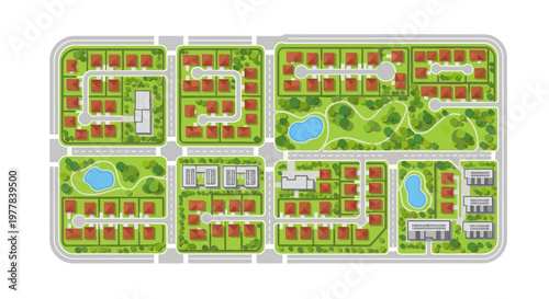 Aerial View of Suburban Residential Neighborhood Master Plan with Houses, Parks, and Infrastructure; Vector Flat Illustration for Urban Planning and Real Estate Development