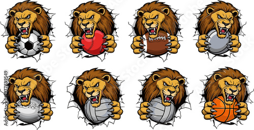 Angry Lion Vector Set with Sports Balls, Soccer, Basketball, Football, and Heart for Digital Media and Graphic Design