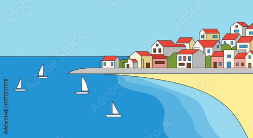 Coastal Village Scene with Sailboats on Blue Ocean and Sandy Beach