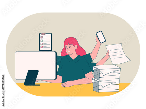 An employee overwhelmed by excessive work obligations and tight deadlines. Workaholic illustrations. Flat vector concepts.