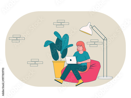 A woman sitting on a beanbag while using a laptop, depicting remote work, workaholic or freelance work. Workaholic illustrations. Flat vector concepts.