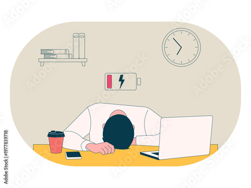 A worker who was exhausted from excessive workload, fell asleep at his desk. Workaholic illustrations. Flat vector concepts.