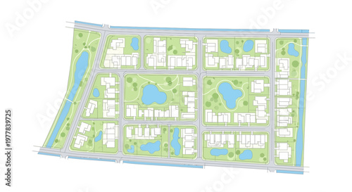 Modern Urban Planning Master Plan for Residential Neighborhood Development featuring Sustainable Green Spaces, Parks, and Water Bodies; Architectural Site Map Vector