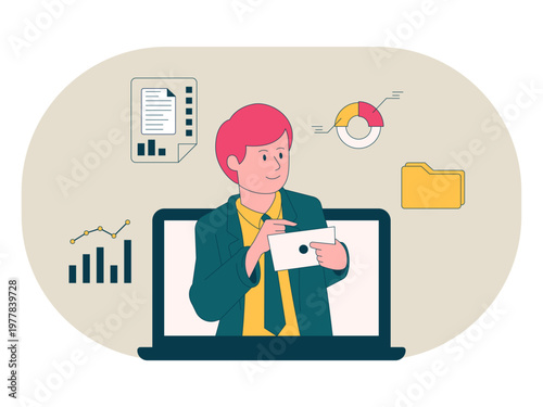 A young businessman or professional engaged in digital work, such as analyzing data or participating in an online meeting. Workaholic illustrations. Flat vector concepts.