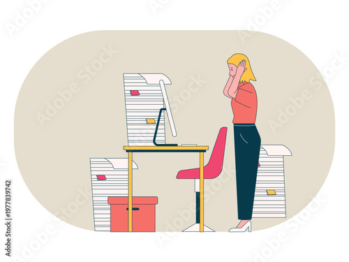 An individual overwhelmed by a large volume of paperwork and tasks depicts of professional burnout and workplace stress. Workaholic illustrations. Flat vector concepts.