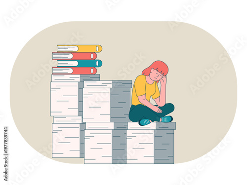A woman sitting dejectedly atop a large pile of documents and files symbolizes high stress, burnout, or excessive workload. Workaholic illustrations. Flat vector concepts.