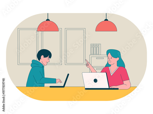 An experienced person acts as a mentor, sharing skills and providing guidance or professional mentoring sessions or a collaborative working environment. Workaholic illustrations. Flat vector concepts.