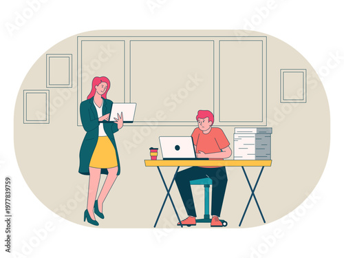 A man sits at a table with a laptop, looking either stressed or focused, with a large stack of papers nearby. Workaholic illustrations. Flat vector concepts.
