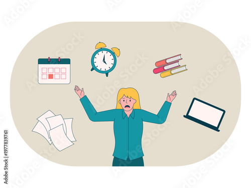 A stressed businesswoman who has to do many things at once, overwhelmed by the demands of work or deadlines. Workaholic illustrations. Flat vector concepts.