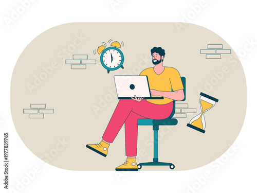 A focused person working on a laptop, commonly used to represent themes of time management, remote work, or freelancing. Workaholic illustrations. Flat vector concepts.