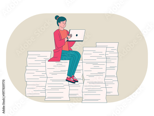 A person sitting on a huge pile of documents feels overwhelmed by work or experiences emotional exhaustion due to the heavy workload. Workaholic illustrations. Flat vector concepts.