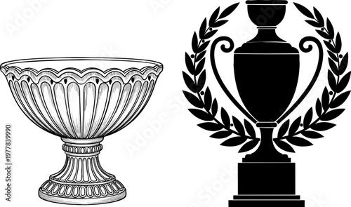 Award Trophy and Decorative Cup Set with Elegant Designs for Achievement, Recognition, and Celebration Illustrations