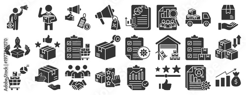Logistics and Supply Chain Icon Set. Solid Black Icon Style Including Marketing, Campaign, Product Delivery, Sales, Promotion, Customer, Feedback, Data Report, Data Analysis, Logistics, Transport