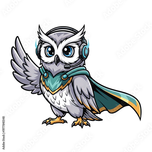 Wise Owl Superhero: An endearing illustration portrays a wise owl, donned in a cape and headphones, offering a gesture of welcome. This symbolizes helpful support.