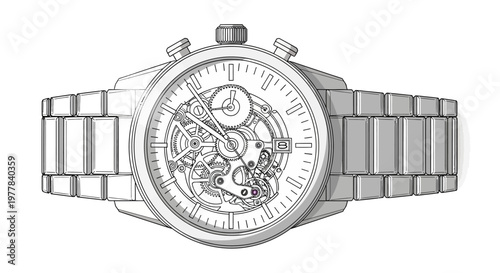 A detailed illustration of a silver automatic watch with visible inner mechanics.