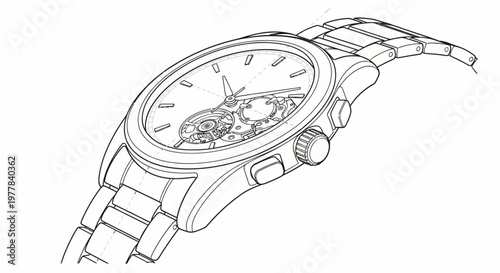 A detailed line drawing of a wristwatch.