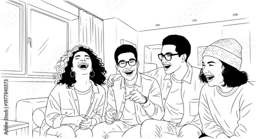 Diverse Gen Z Friends Laughing at Home in Natural Light Authentic Lifestyle Candid Moment Real Emotions Documentary Style Modern Apartment Social Connection