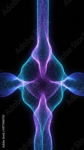 Abstract digital background featuring glowing blue and purple particles forming a symmetrical wave pattern in dark space