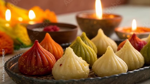 Colorful Indian food modak sweets served on plate with lit candles and marigold flowers festive temple warm atmosphere celebration