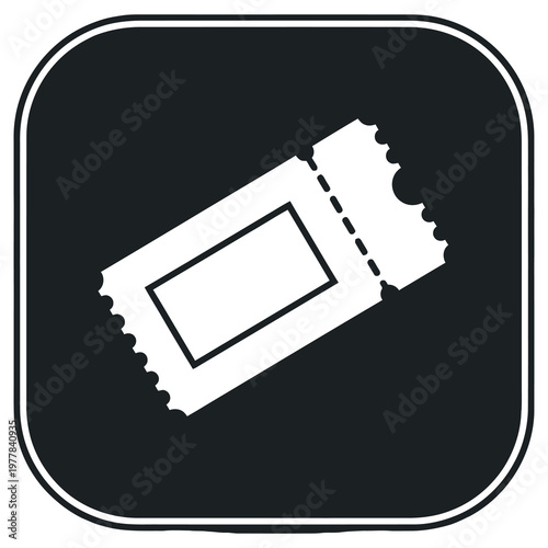 White ticket icon on black background with rounded square border