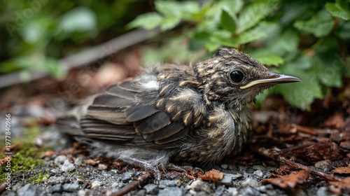 fledgling. A fledgling bird with ruffled feathers on the ground near its nest. wildlife magazines, conservation campaigns, designed for eco-tourism storytelling, used by event planners.