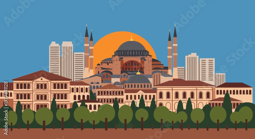Slika na platnu Hagia Sophia Istanbul skyline cityscape illustration, flat design, vector art