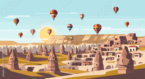 Hot Air Balloons Over Cappadocia Stone City At Sunrise