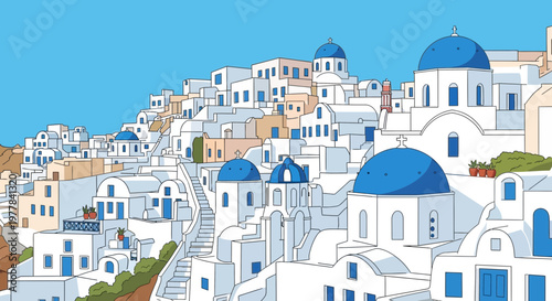 Idyllic Greek Village Scene: White Buildings with Blue Domes under Clear Sky