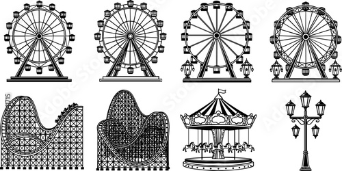 Carnival Icon Set with Ferris Wheels, Roller Coasters, Carousel, Street Lamps, and Amusement Park Rides for Digital Media and Websites